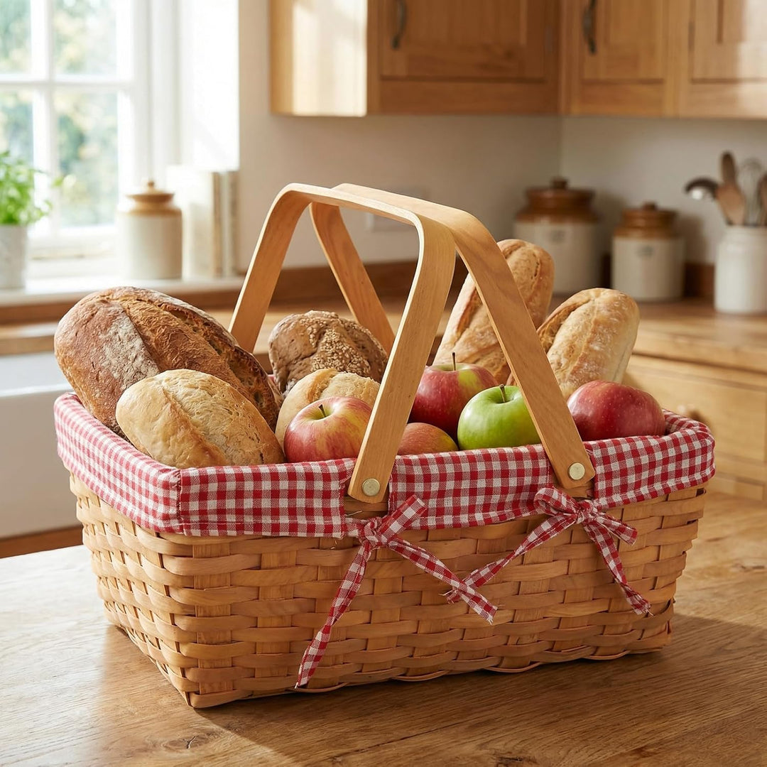 Geflochten Picknickkorb mit Henkel und Leinentuch, 34x21x16cm Rechteckig Picknickkorb aus Weide, Ges