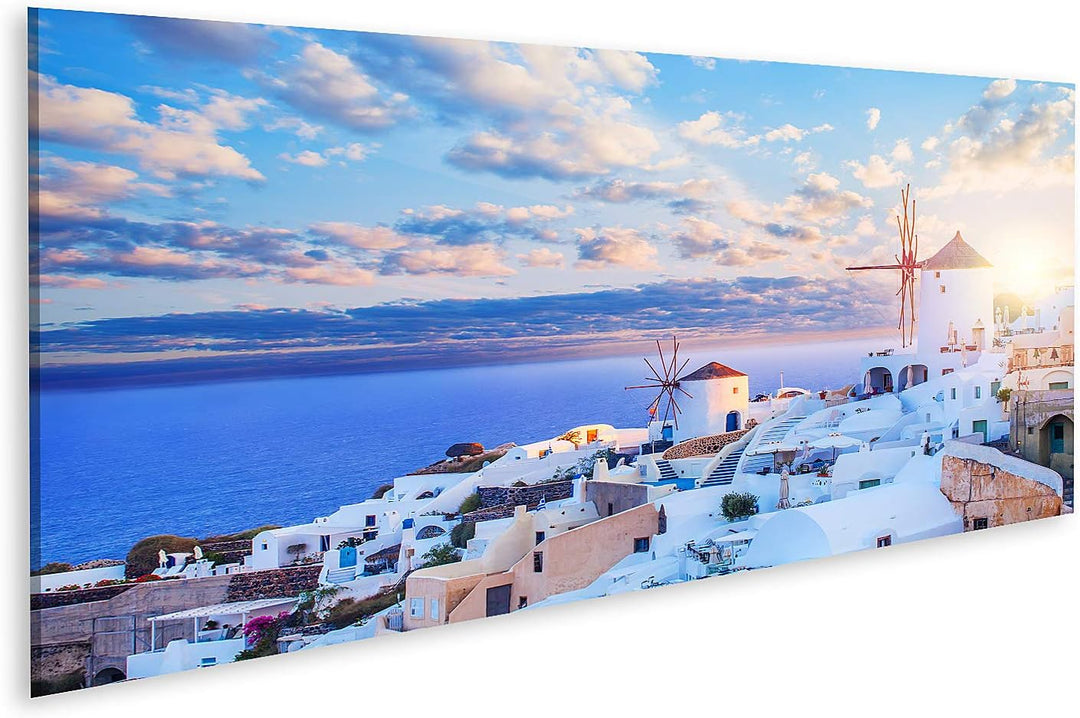 islandburner Bild auf Leinwand Santorini Skyline Blauer Himmel Wolken Oia Stadt Griechenland Wahrzei