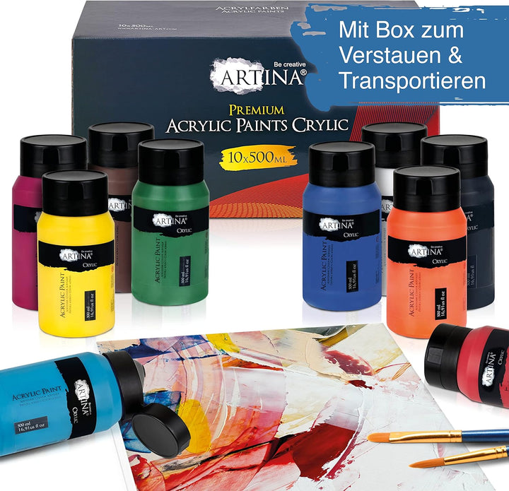 Artina 10er Acrylfarben Set 500ml – Deckende Malfarbe Schnelltrocknende Farbe zum Malen 10x500ml Pro