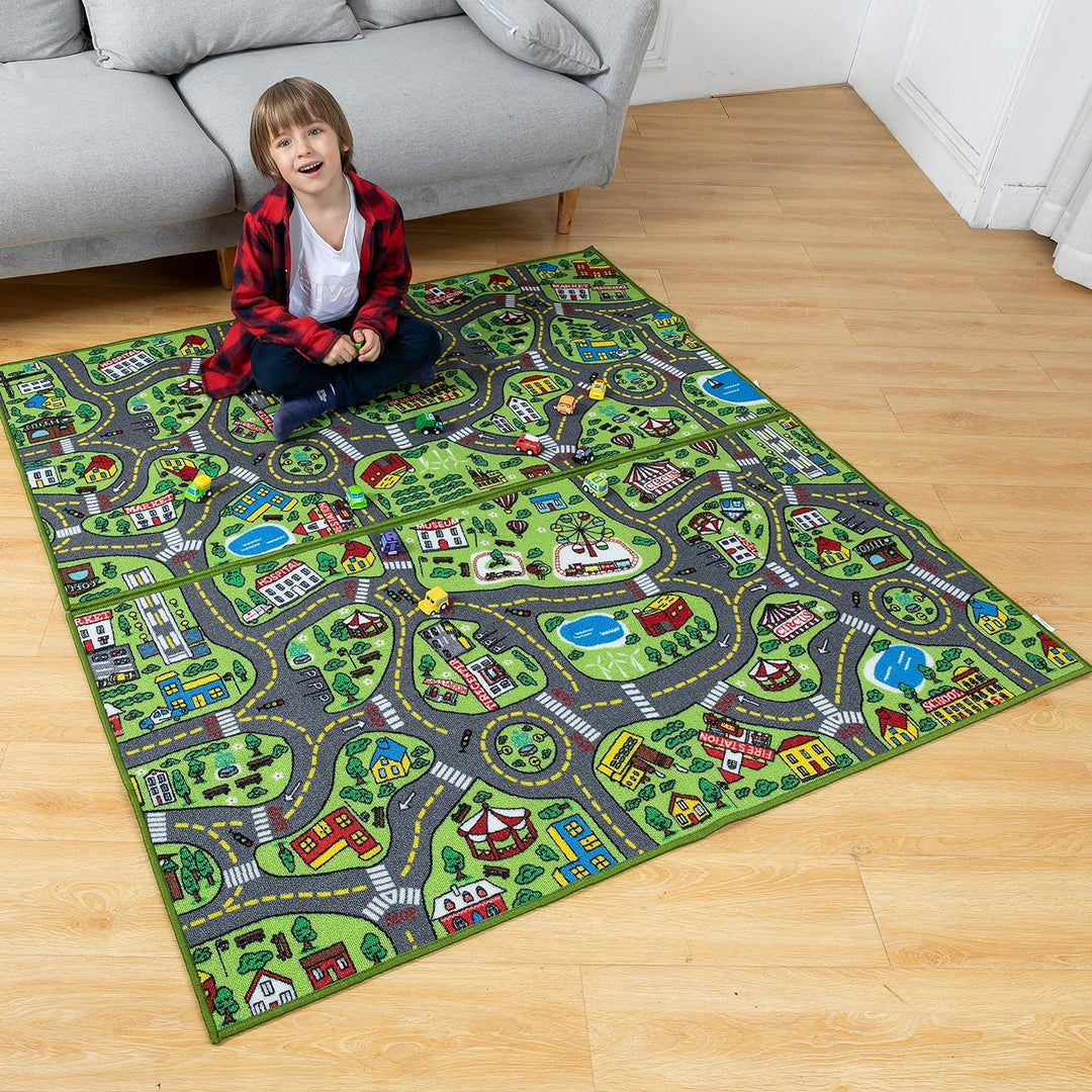 2 Teppich Kinderzimmer 80x150cm (Gesamt 160x150cm) für Kinder ab 3 Jahren, Spielteppich Strasse Kind