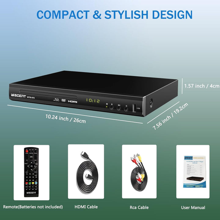 Blu-Ray Player für TV, WISCENT DVD Player mit Koaxial/HDMI/AV/Ausgang, USB-Eingang, Alle DVDs und Re