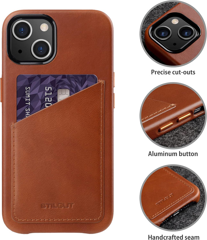 STILGUT Cover kompatibel mit iPhone 13 Hülle mit Kartenfach, Case aus Leder, Kartenhülle - Cognac Na