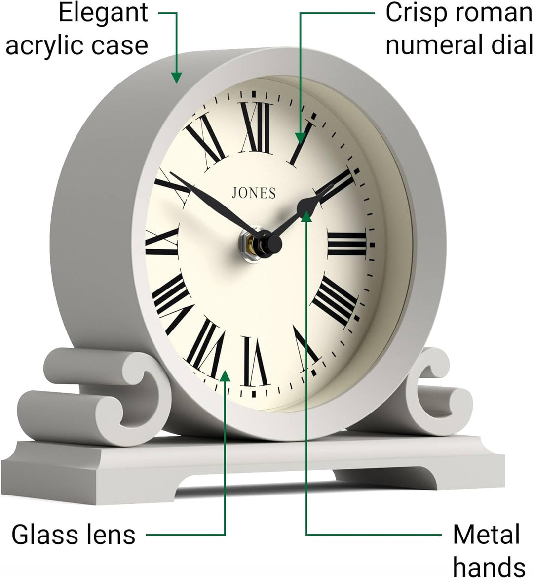 JONES CLOCKS® Saloon Kaminsims Uhr | Klein traditionelles doppelschneckendesign | Grau | Römische zi