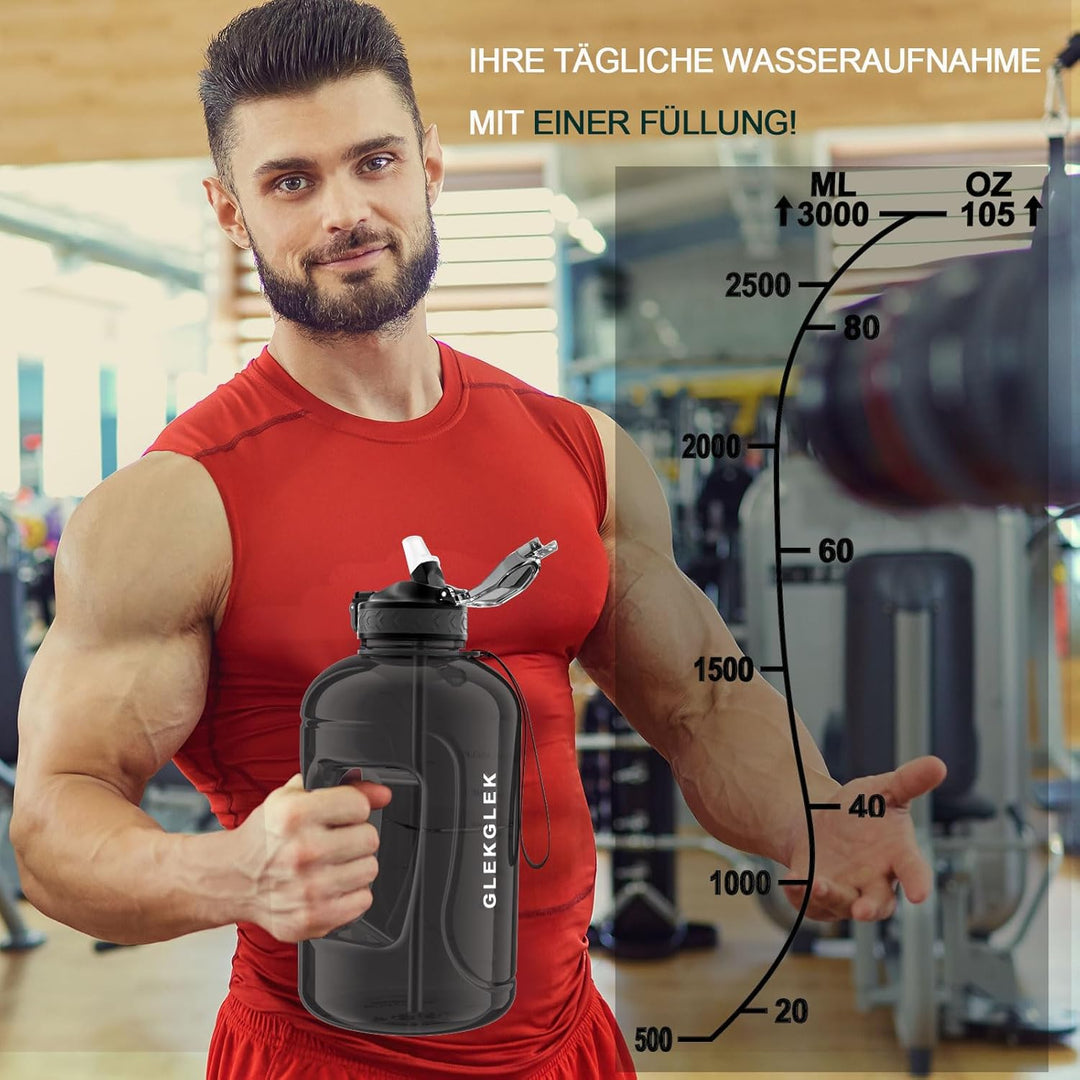 3L Trinkflasche mit Strohhalm, BPA Frei | Grosses Fassungsvermögen, Breite Öffnung, Fitnessstudio, T