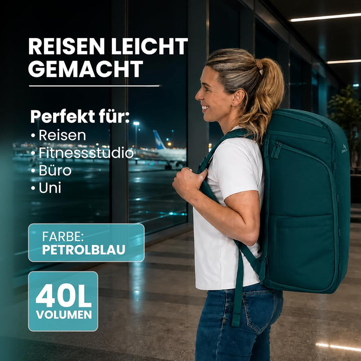 Zeeksack The Organizer - Grosser Rucksack Hellblau 40L - Wasserabweisender Handgepäck-Reiserucksack