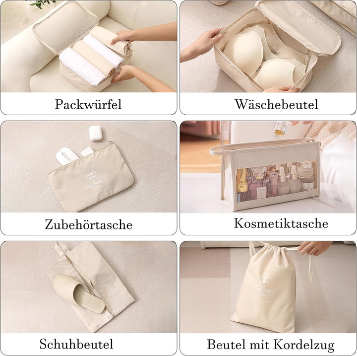 Packing Cubes 8er Set Koffer Organizer Packwürfel Set wasserdicht Beige, Beige