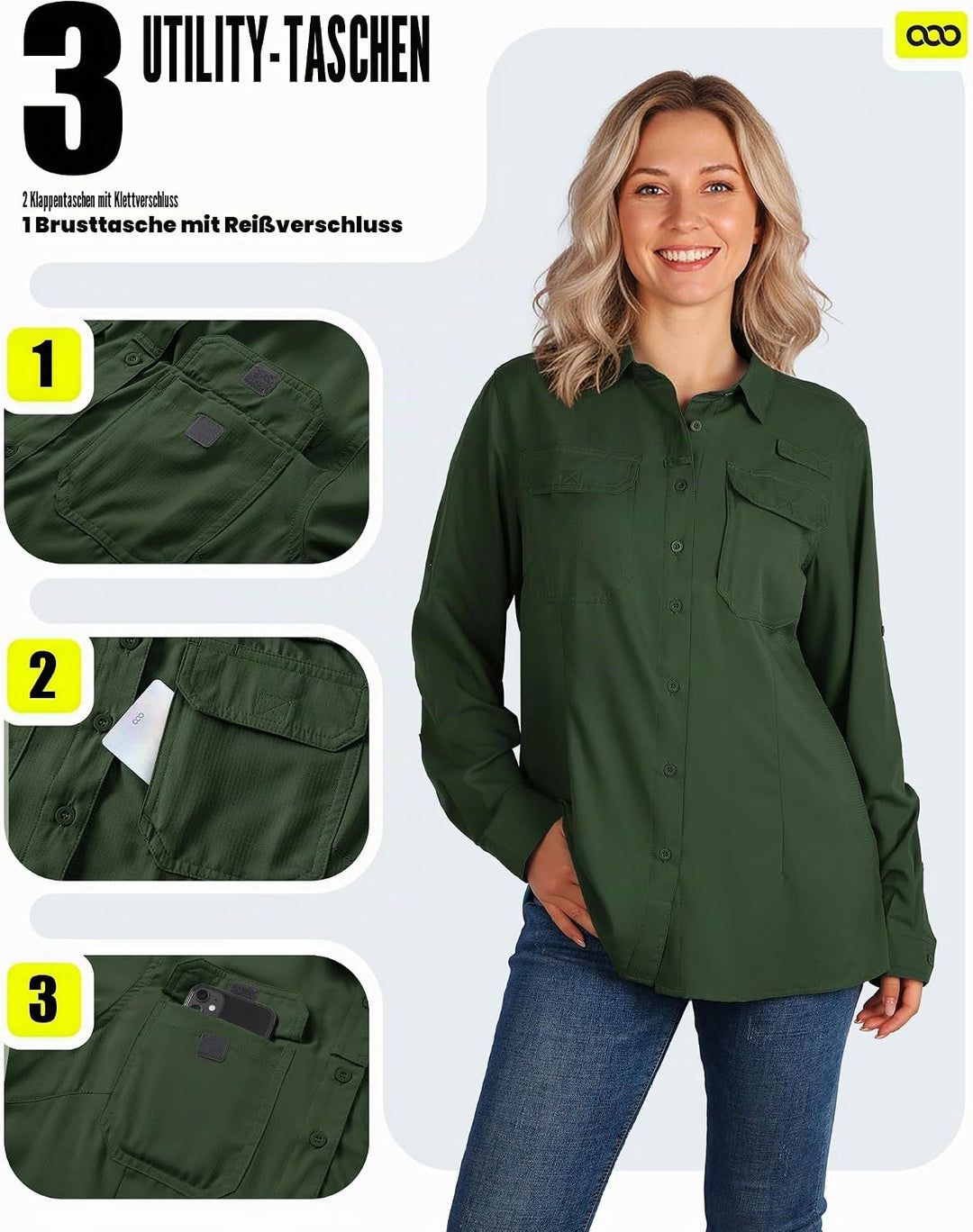 33,000ft Hemdbluse Damen UPF50 UV Schutz Hemd Schnelltrocknende Button-Down Shirts Atmungsaktive Wan