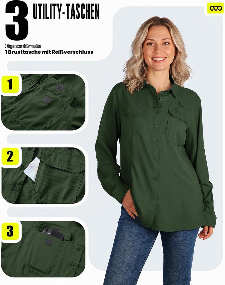 33,000ft Hemdbluse Damen UPF50 UV Schutz Hemd Schnelltrocknende Button-Down Shirts Atmungsaktive Wan
