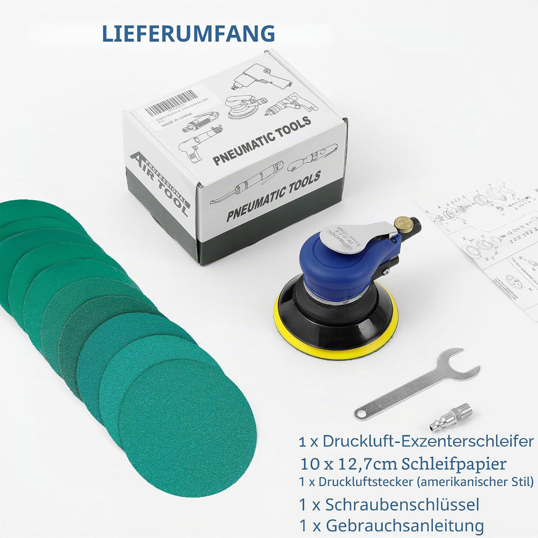 5 Zoll Luft-Random-Orbital-Schleifer, ohne Absaugung, 125mm pneumatischer Handschleifer mit 10 grüne