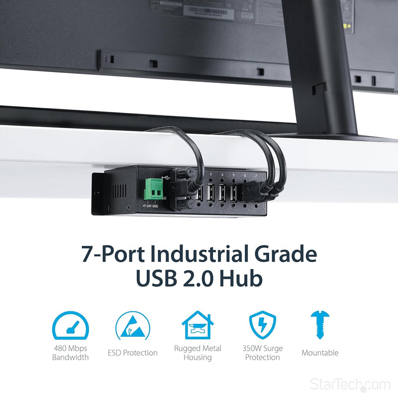 StarTech.com 7 Port USB 2.0 Hub - Industrieller USB-A Hub aus Metall mit ESD und 350W Überspannungss