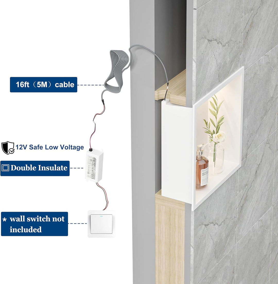 Wandnische Dusche Edelstahl mit LED-Licht, Eingebettete Duschnische Weiss Einzelregal Lagerung für B