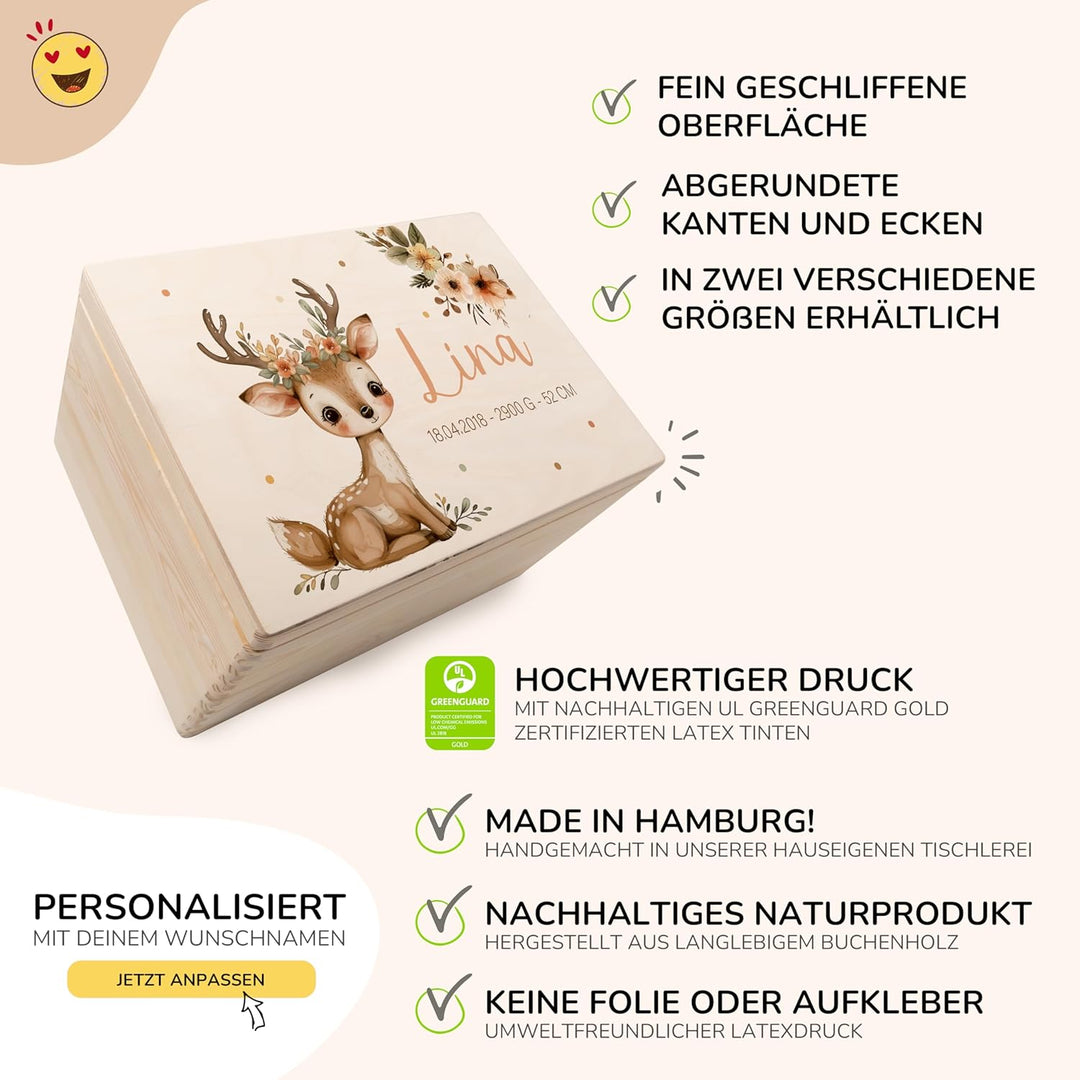 KIDSMOOD - Erinnerungsbox Baby, personalisierte Holzkiste mit Deckel, Ideal zur Aufbewahrung von Eri
