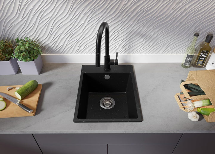 Spülbecken Schwarz Metallic 38x50 cm, Granitspüle 1 Becken + Ablauf-Set, Küchenspüle ab 40er Untersc