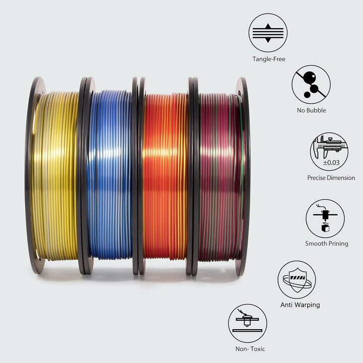 iSANMATE Dual Color Seide Filament Set, Silk PLA Filament 1.75mm, PLA 250g x 4 Colours 3D Printer PL