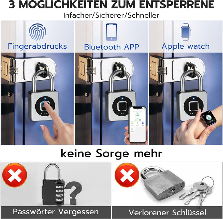 Eseesmart Fingerabdruck Schloss - Vorhängeschloss Fingerabdruck mit Kabel, Smart Lock with Bluetooth