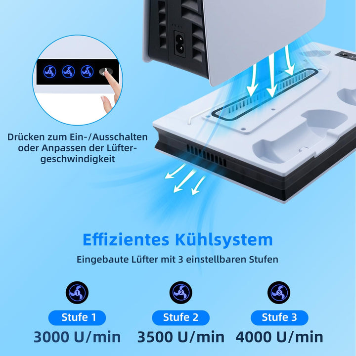 Mcbazel PS5 Pro/ PS5/ PS5 Slim Ladestation Ständer mit 3 Stufig Lüfter und Licht, PS5 Ständer Contro