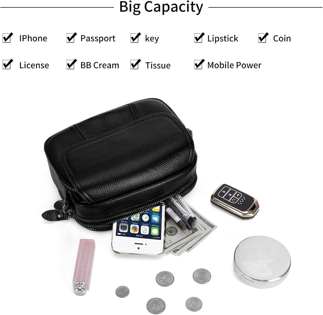 HAWEE Damen Handy Umhängetasche Echtes Leder Crossbody Schultertasche mit 3 Reissverschlüsse Kleine