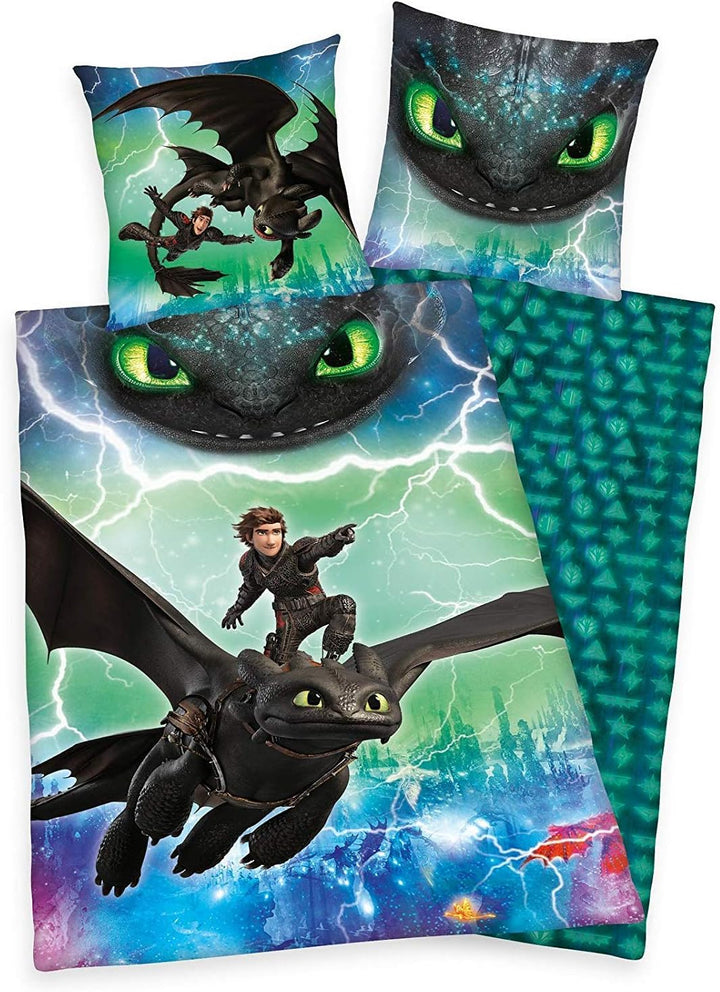 Herding DREAMWORKS DRAGONS Bettwäsche-Set, Wendemotiv, Bettbezug 135 x 200 cm, Kopfkissenbezug 80 x