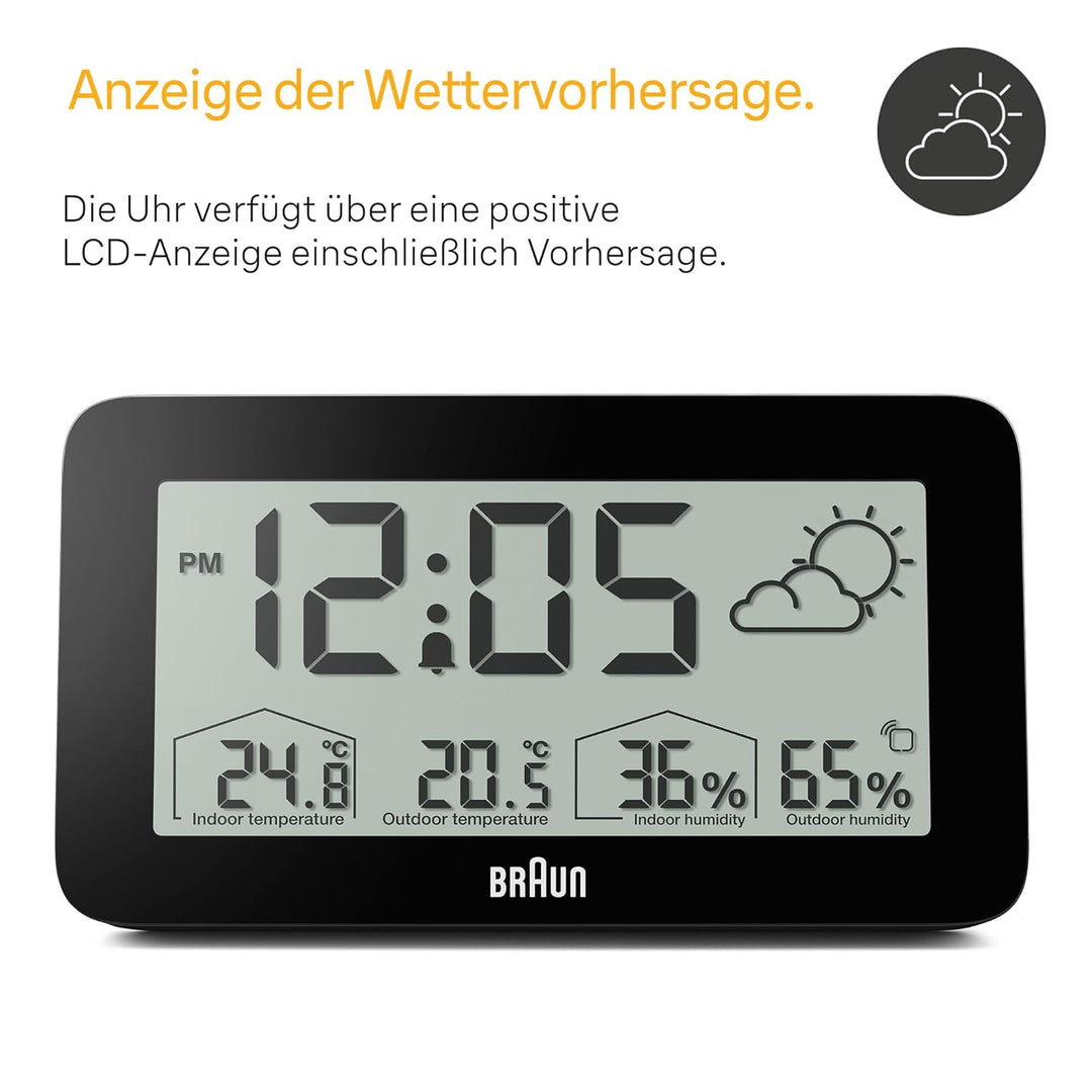 Digitale Braun-Wetterstationsuhr mit Anzeige von Innen- und Aussentemperatur sowie Luftfeuchtigkeit,