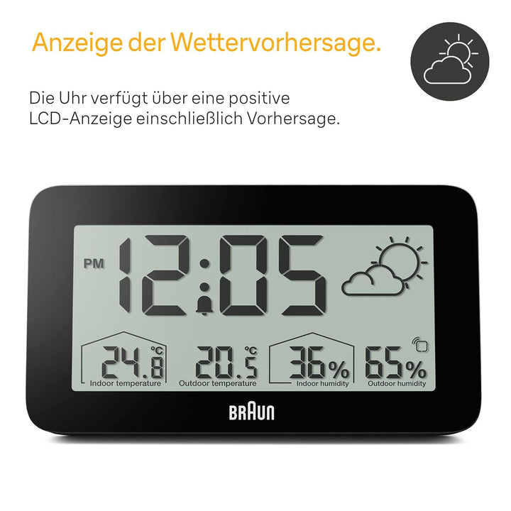 Digitale Braun-Wetterstationsuhr mit Anzeige von Innen- und Aussentemperatur sowie Luftfeuchtigkeit,