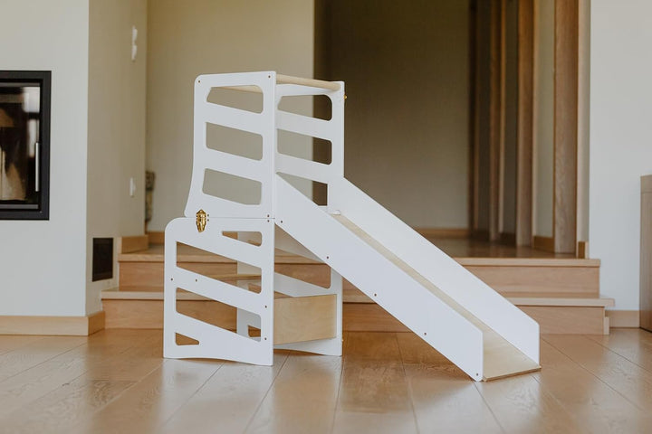 Weco Kinder-Lernturm 3 in 1 Streifendesign mit Rutsche Schreibtisch Rutsche Montessori Möbel Küchenh