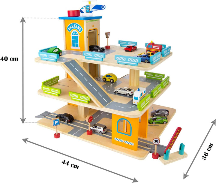 Leomark Grosse Parkgarage aus Holz - Auto Parkhaus - Garage mit Zubehör, Spielgarage mit Lift,