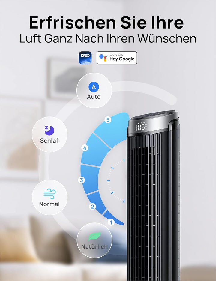 DREO Smart Turmventilator Sehr Leise, 90° Oszillierend Standventilator für Schlafzimmer, 7.9 m/s Win