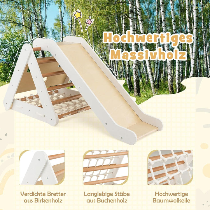 DREAMADE 4 IN 1 Kletterdreieck mit Rutsche und Kletternetz, Holzdreieck Kletterspielzeug aus Holz, I
