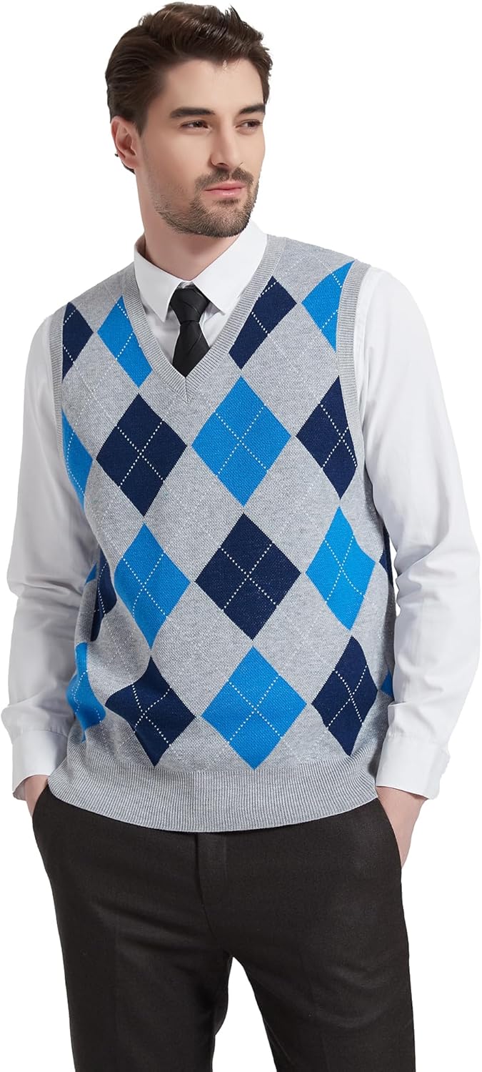 Kallspin Herren Argyle Gestrickt Ärmellos Pullover Wollmischung V-Ausschnitt Strickwesten L Hellgrau