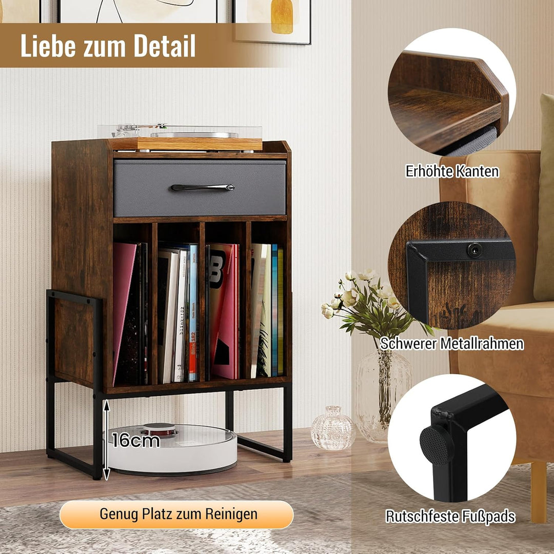 COSTWAY Plattenspieler Ständer, Schallplatten Regal mit Faltbarer Stoffschublade &amp; 4 Fächern bis zu