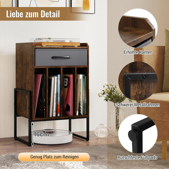COSTWAY Plattenspieler Ständer, Schallplatten Regal mit Faltbarer Stoffschublade &amp; 4 Fächern bis zu
