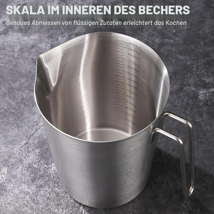 Messbecher Edelstahl 1500 ML, Milchkännchen Messkanne Mit Masseinheiten &amp; Griff, Edelstahlmessbecher