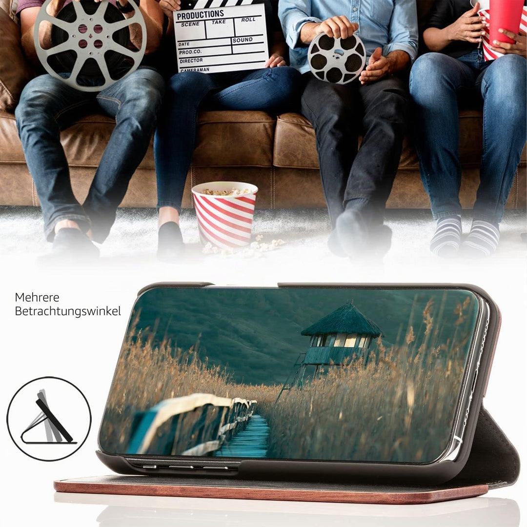 NALIA Echt-Holz Flipcase kompatibel mit iPhone 13 Pro Max Hülle, FSC zert. Natur Holzhülle mit Stand