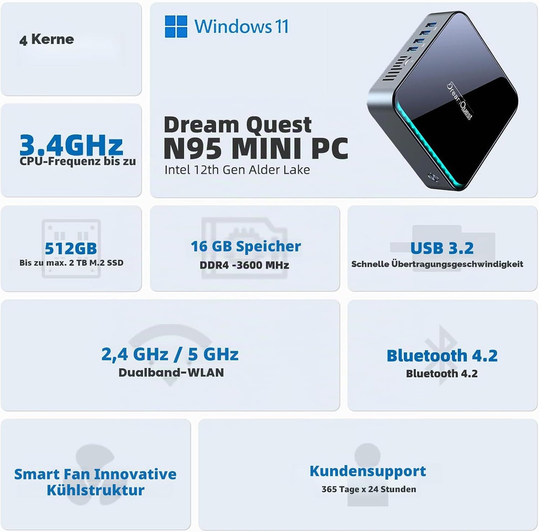 DreamQuest Mini PC Intel Alder Lake N95(bis 3,4 GHz) 16 GB RAM 512 GB M.2 SSD,Mini Desktop Computer