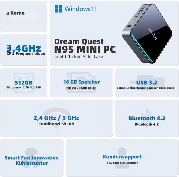 DreamQuest Mini PC Intel Alder Lake N95(bis 3,4 GHz) 16 GB RAM 512 GB M.2 SSD,Mini Desktop Computer