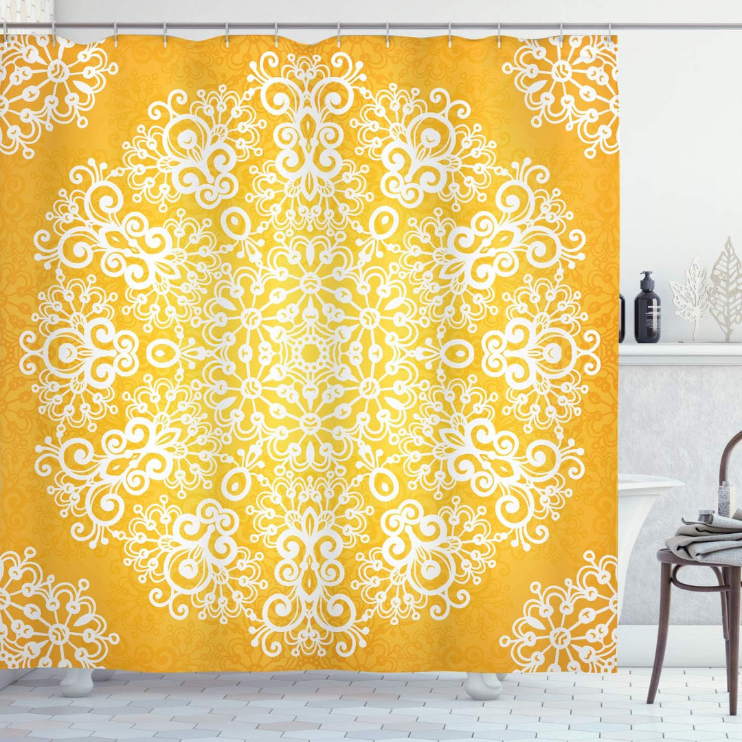 ABAKUHAUS Gelb Duschvorhang, Floral Schneeflocken, Pflegeleichter Stoff mit 12 Haken Wasserdicht Far