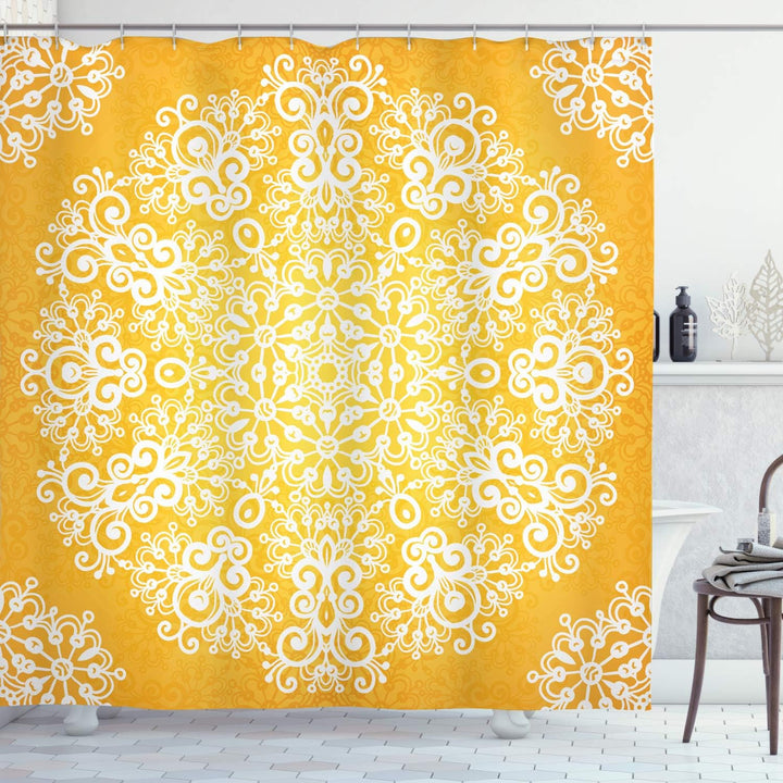 ABAKUHAUS Gelb Duschvorhang, Floral Schneeflocken, Pflegeleichter Stoff mit 12 Haken Wasserdicht Far