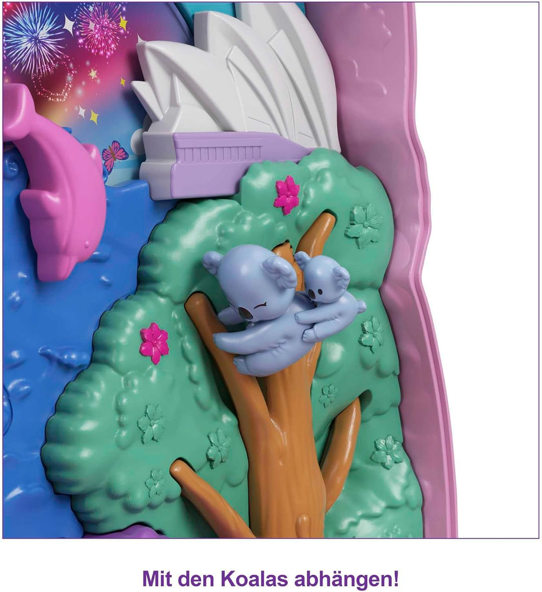 Polly Pocket Schatulle, Koala Bär in Tierabenteuer Thema, mit 2 Puppen, 5 Tieren und 1 Auto, interak