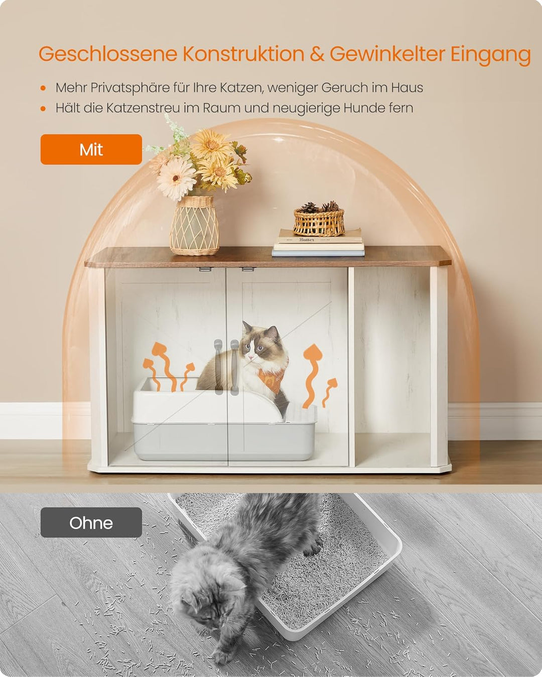 Feandrea Katzenhaus, Katzenklo-Schrank modern, Vordereingang, mit Doppeltür und Griffen, als Sideboa