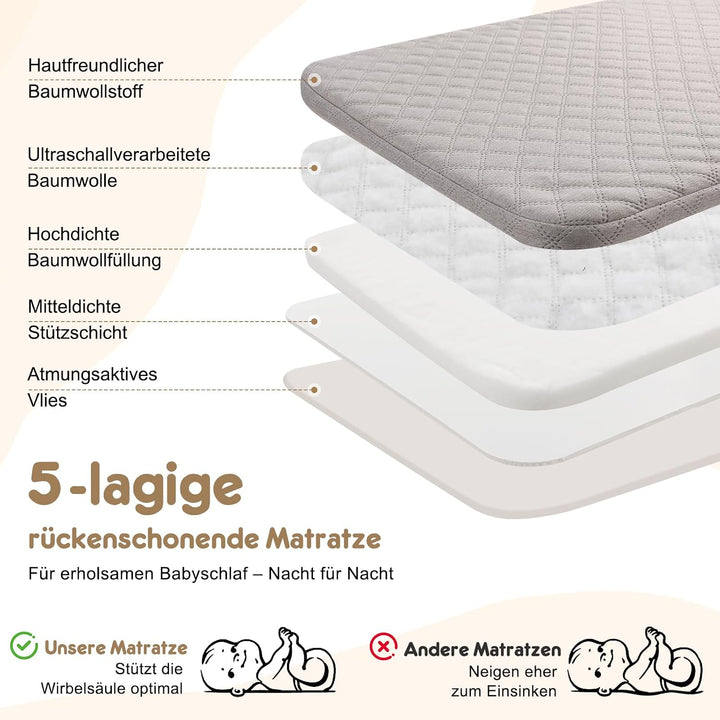 Baby Beistellbett 4-in-1 mit Wiegefunktion, Stubenwagen, 6-Fach Höhenverstellbar, 360° Atmungsaktive