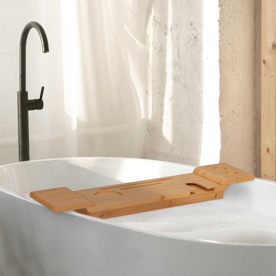 Relaxdays Badewannenablage Bambus, 70cm breit, Badetablett für Glas, Handy, Tablet, Badewannenbrett