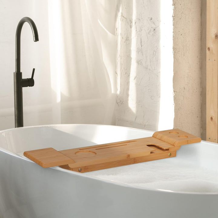 Relaxdays Badewannenablage Bambus, 70cm breit, Badetablett für Glas, Handy, Tablet, Badewannenbrett