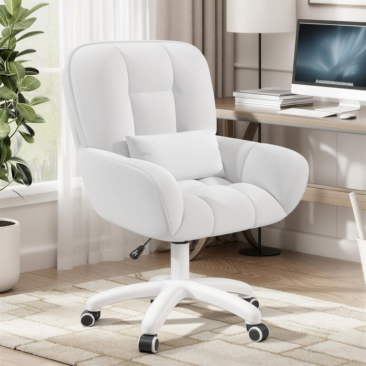 Bürostuhl Samt mit Kissen Schminktischstuhl Weiss | Höhenverstellbar,360°Drehfunktion, bis 150kg,Sam