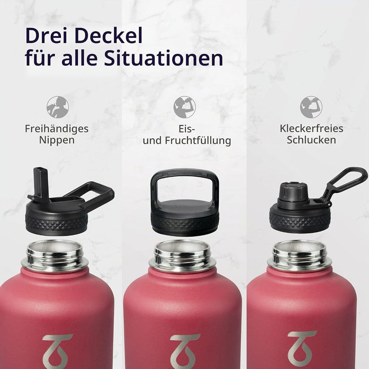Thermosflasche mit Strohhalm 2L, Trebo Trinkflasche Edelstahl mit Paracord-Griff & 3 Deckeln, Edelst