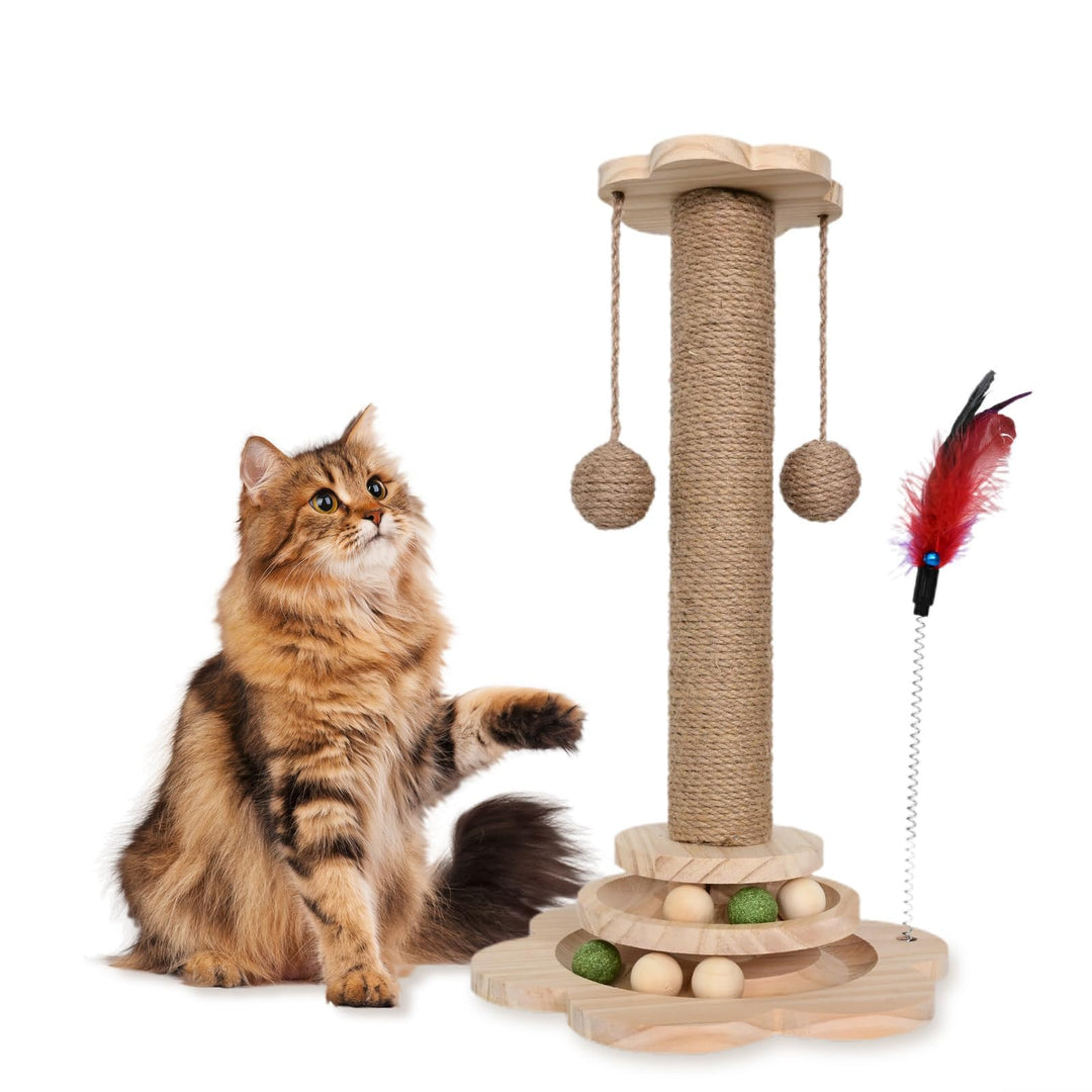 Kongming 4 in 1 Katzenspielzeug hölzernes, Katze Sisal Seil Kratzbaum mit hängenden Ball, Interaktiv