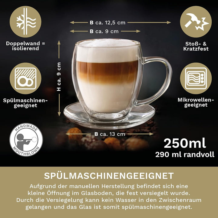 Creano 6 doppelwandige 250 ml Glas-Thermotassen mit Untersetzer, Glas-Teetasse/Kaffeetasse mit Schwe