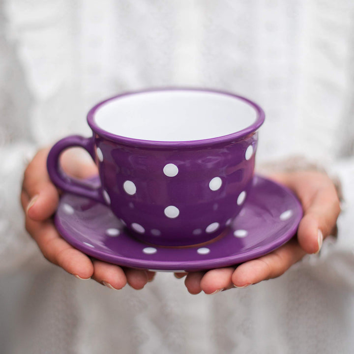 City to Cottage - Keramik Kaffebecher Teetasse 350 ml, Lila und Weiss Polka Dots, Handgemacht Kaffee