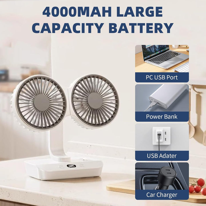 Doppelkopf Tischventilator Tragbarer, 4000mAh Wiederaufladbarer Tischventilator USB Mini Ventilator
