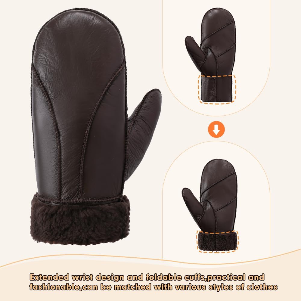 MGGMOKAY Damen Fäustlinge für Winter Damen Lammfell Shearling Fäustlinge Winter Lederhandschuh L Bra