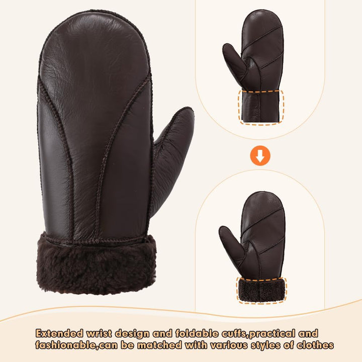 MGGMOKAY Damen Fäustlinge für Winter Damen Lammfell Shearling Fäustlinge Winter Lederhandschuh L Bra
